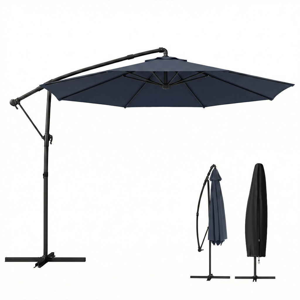 10 ft Offset Patio Umbrella with Cover, Hanging Cantilever Umbrella with 360Â° Rotation, Crank Handle, Tilt, Navy Blue - Cool Brand Designs