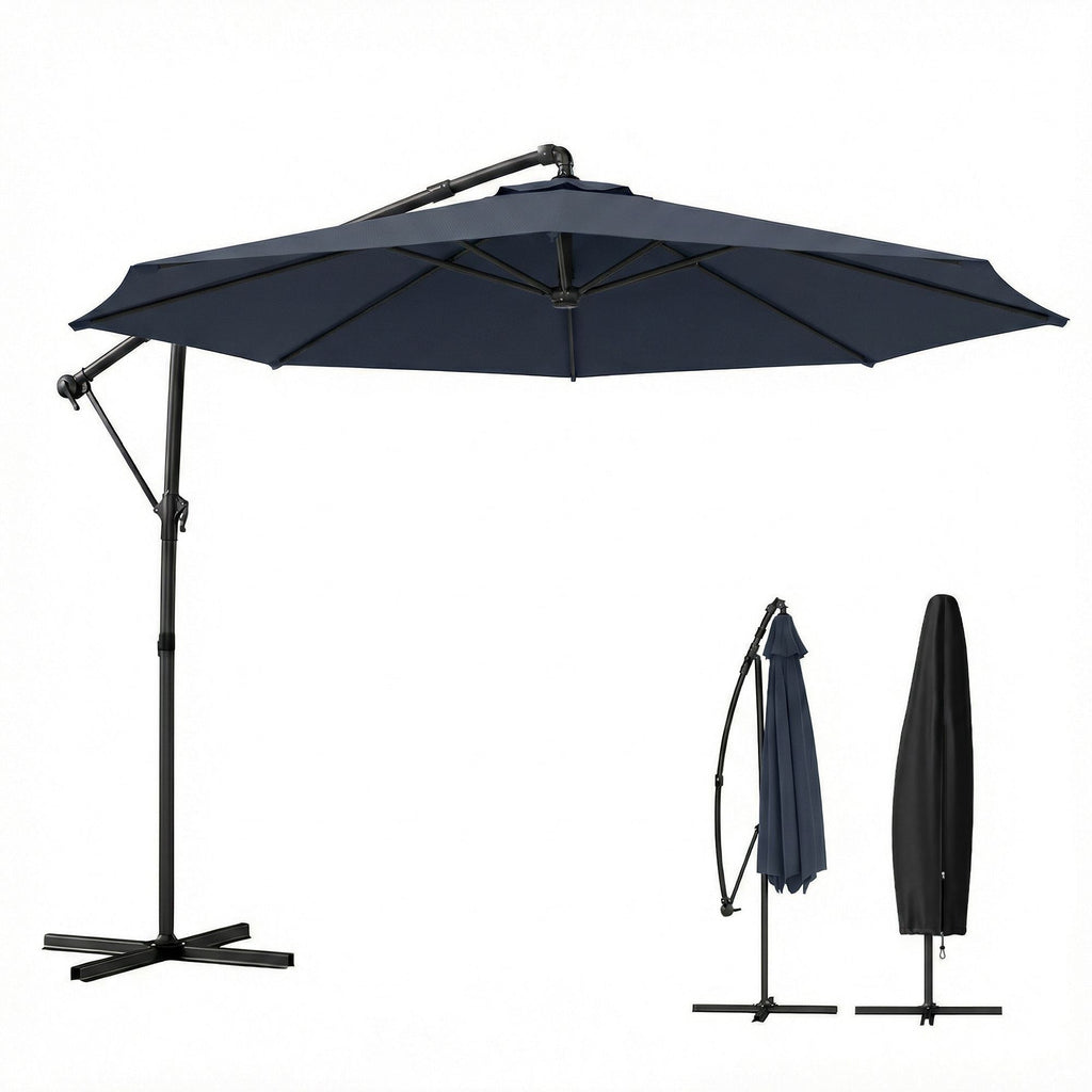 10 ft Offset Patio Umbrella with Cover, Hanging Cantilever Umbrella with 360Â° Rotation, Crank Handle, Tilt, Navy Blue - Cool Brand Designs