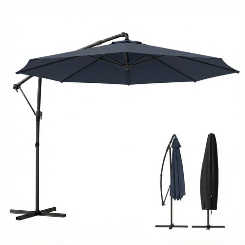 10 ft Offset Patio Umbrella with Cover, Hanging Cantilever Umbrella with 360Â° Rotation, Crank Handle, Tilt, Navy Blue - Cool Brand Designs