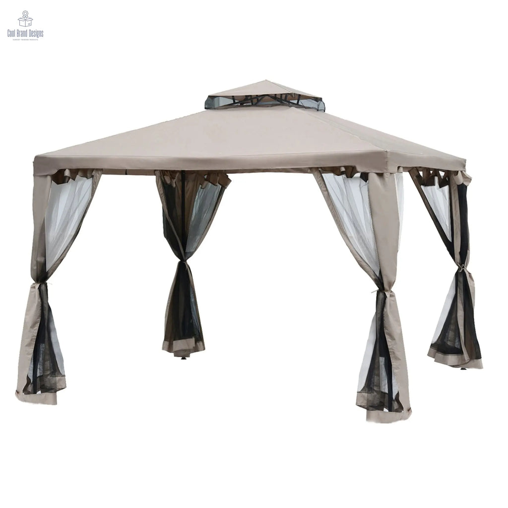 10' x 10' Gazebo Tent, Canopy with Mosquito Netting SideWalls, 2-Tier Vented Roof, Fabric for Garden, Lawn, Backyard, Taupe - Cool Brand Designs