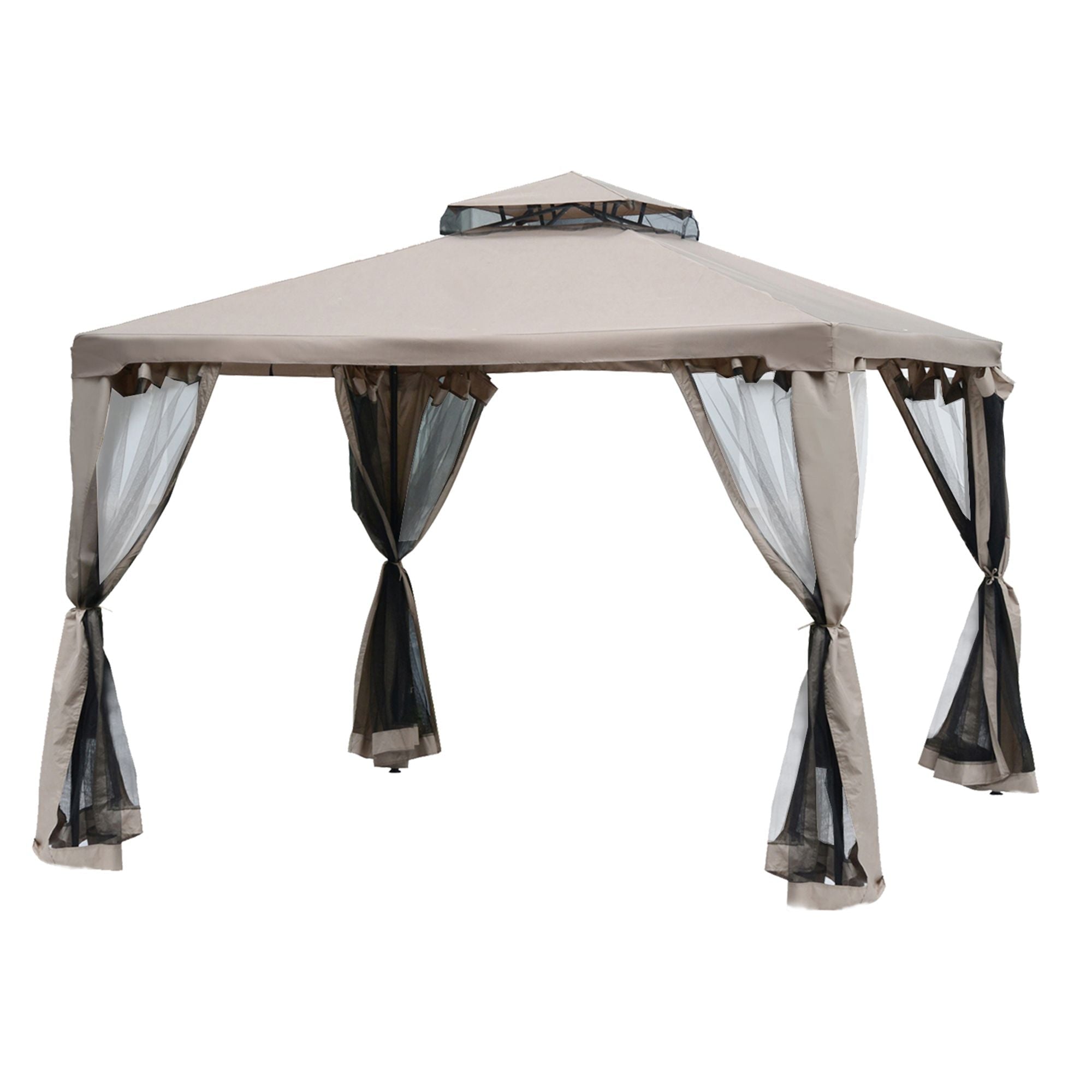10' x 10' Gazebo Tent, Canopy with Mosquito Netting SideWalls, 2-Tier Vented Roof, Fabric for Garden, Lawn, Backyard, Taupe - Cool Brand Designs