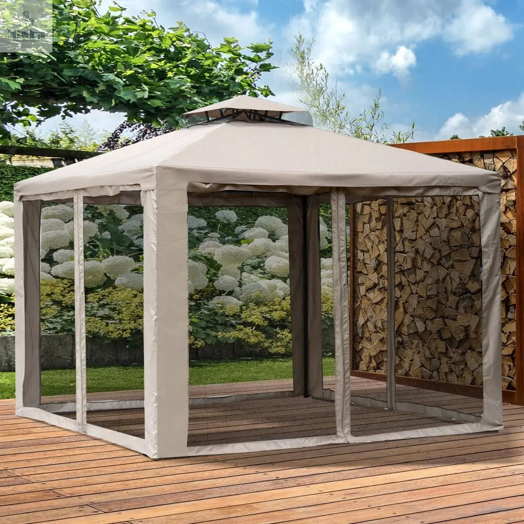 10' x 10' Gazebo Tent, Canopy with Mosquito Netting SideWalls, 2-Tier Vented Roof, Fabric for Garden, Lawn, Backyard, Taupe - Cool Brand Designs