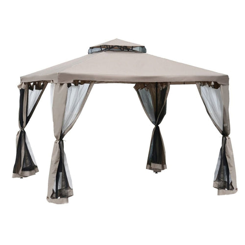 10' x 10' Gazebo Tent, Canopy with Mosquito Netting SideWalls, 2-Tier Vented Roof, Fabric for Garden, Lawn, Backyard, Taupe - Cool Brand Designs
