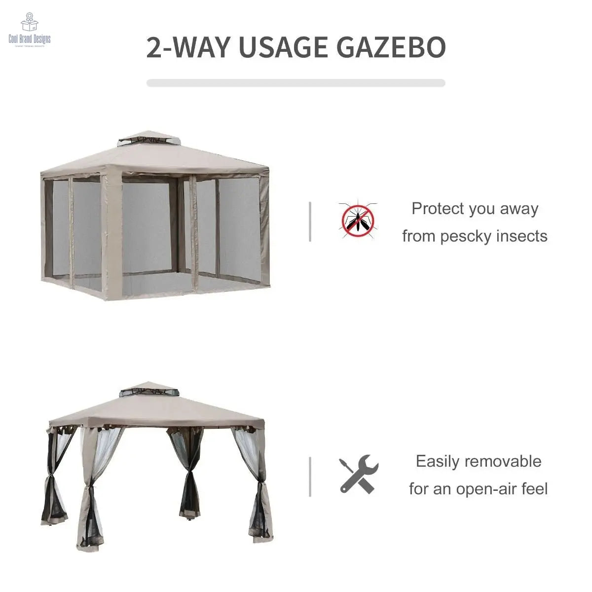 10' x 10' Gazebo Tent, Canopy with Mosquito Netting SideWalls, 2-Tier Vented Roof, Fabric for Garden, Lawn, Backyard, Taupe - Cool Brand Designs