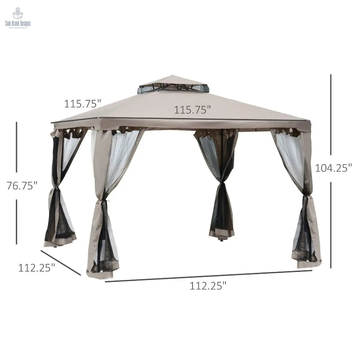 10' x 10' Gazebo Tent, Canopy with Mosquito Netting SideWalls, 2-Tier Vented Roof, Fabric for Garden, Lawn, Backyard, Taupe - Cool Brand Designs