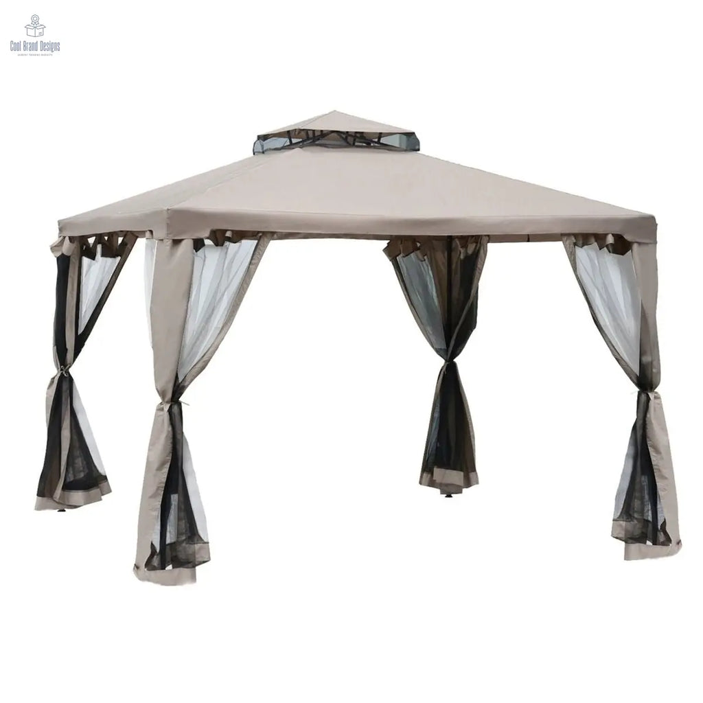 10' x 10' Gazebo Tent, Canopy with Mosquito Netting SideWalls, 2-Tier Vented Roof, Fabric for Garden, Lawn, Backyard, Taupe - Cool Brand Designs
