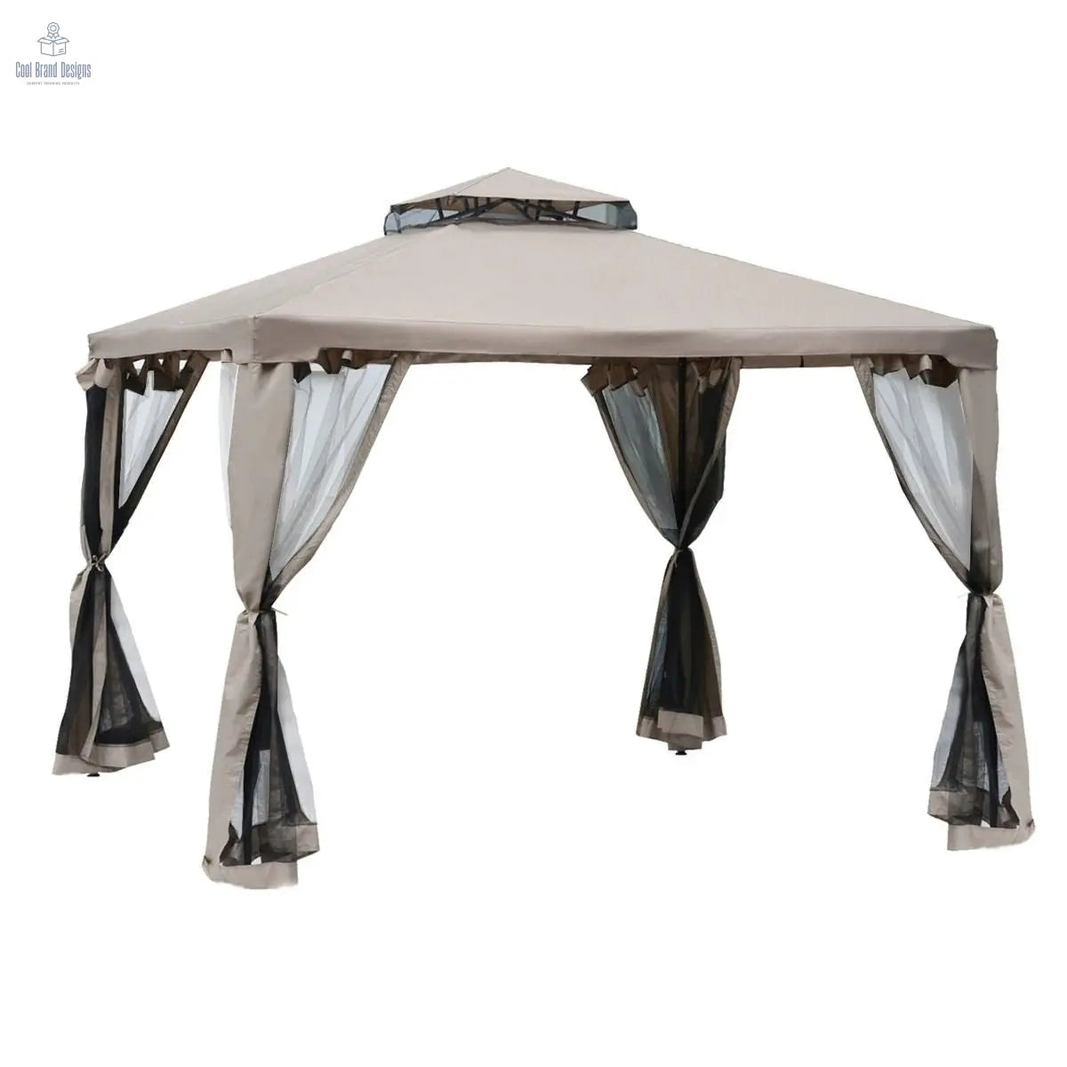 10' x 10' Gazebo Tent, Canopy with Mosquito Netting SideWalls, 2-Tier Vented Roof, Fabric for Garden, Lawn, Backyard, Taupe - Cool Brand Designs