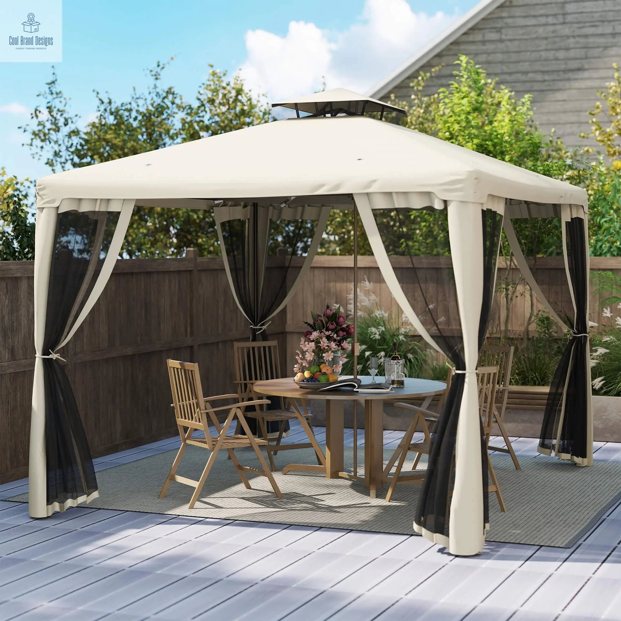 10' x 10' Gazebo Tent, Canopy with Mosquito Netting SideWalls, 2-Tier Vented Roof, Fabric for Garden, Lawn, Backyard, Taupe - Cool Brand Designs