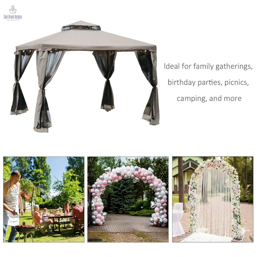 10' x 10' Gazebo Tent, Canopy with Mosquito Netting SideWalls, 2-Tier Vented Roof, Fabric for Garden, Lawn, Backyard, Taupe - Cool Brand Designs