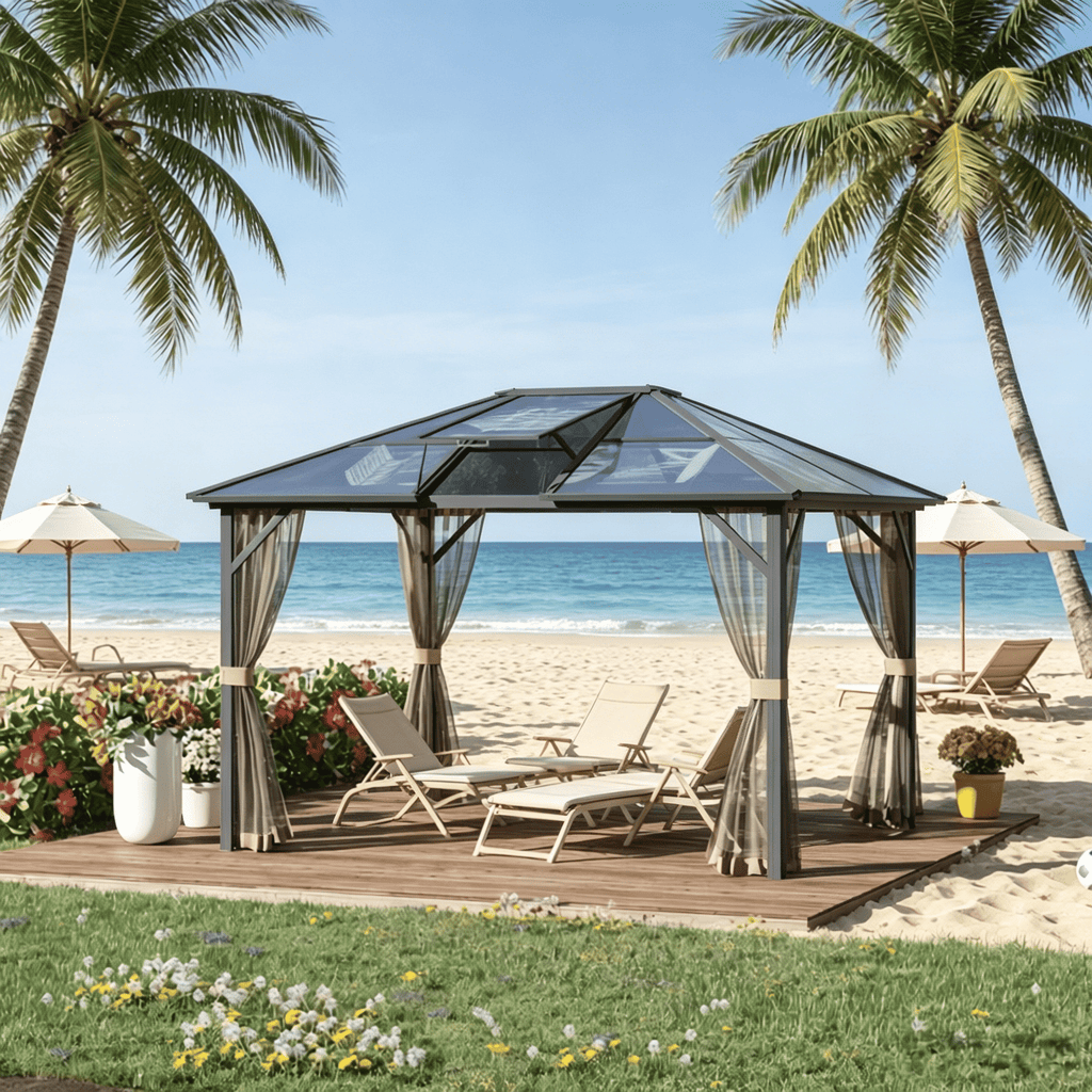 10' X 12' Hardtop Gazebo Canopy - Aluminum Frame Polycarbonate Roof Permanent Outdoor Pavilion for Patio Garden Backyard Deck Lawn Gray Brown - Cool Brand Designs