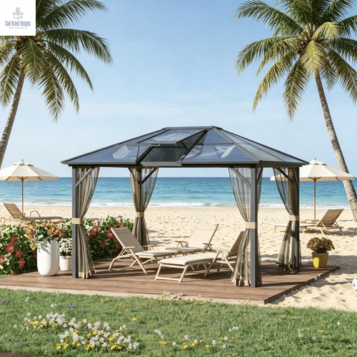 10' X 12' Hardtop Gazebo Canopy - Aluminum Frame Polycarbonate Roof Permanent Outdoor Pavilion for Patio Garden Backyard Deck Lawn Gray Brown - Cool Brand Designs