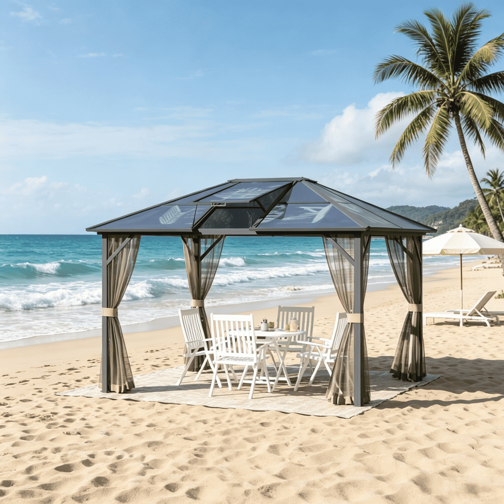10' X 12' Hardtop Gazebo Canopy - Aluminum Frame Polycarbonate Roof Permanent Outdoor Pavilion for Patio Garden Backyard Deck Lawn Gray Brown - Cool Brand Designs