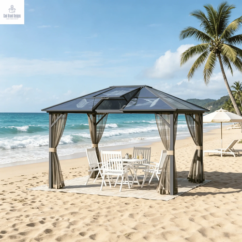 10' X 12' Hardtop Gazebo Canopy - Aluminum Frame Polycarbonate Roof Permanent Outdoor Pavilion for Patio Garden Backyard Deck Lawn Gray Brown - Cool Brand Designs