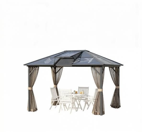 10' X 12' Hardtop Gazebo Canopy - Aluminum Frame Polycarbonate Roof Permanent Outdoor Pavilion for Patio Garden Backyard Deck Lawn Gray Brown - Cool Brand Designs