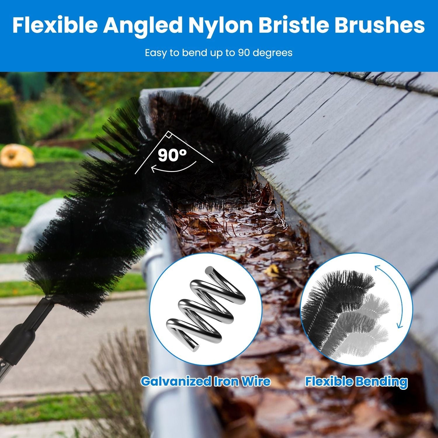 10.5FT Gutter Cleaning Brush With Telescoping Handle Rain Gutter Cleaner Extendable Gutter Cleaning Tool From The Ground with 2 Angled Brushes Anti-slip Gloves Goggles GPCT5351 - Cool Brand Designs