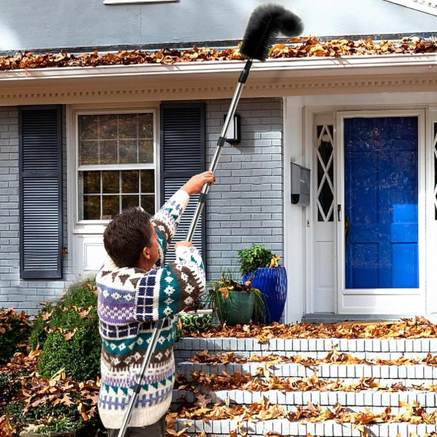 10.5FT Gutter Cleaning Brush With Telescoping Handle Rain Gutter Cleaner Extendable Gutter Cleaning Tool From The Ground with 2 Angled Brushes Anti-slip Gloves Goggles GPCT5351 - Cool Brand Designs