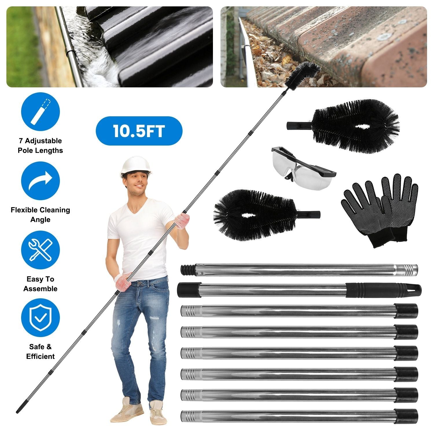 10.5FT Gutter Cleaning Brush With Telescoping Handle Rain Gutter Cleaner Extendable Gutter Cleaning Tool From The Ground with 2 Angled Brushes Anti-slip Gloves Goggles GPCT5351 - Cool Brand Designs