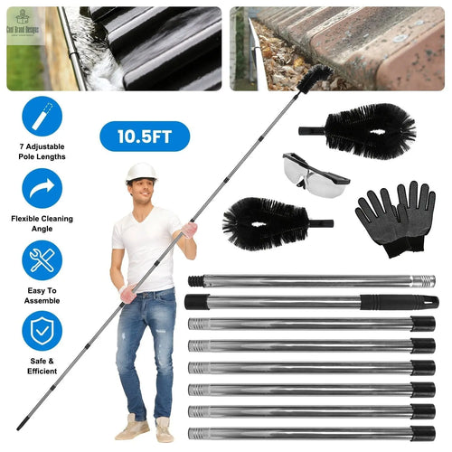 10.5FT Gutter Cleaning Brush With Telescoping Handle Rain Gutter Cleaner Extendable Gutter Cleaning Tool From The Ground with 2 Angled Brushes Anti-slip Gloves Goggles GPCT5351 - Cool Brand Designs