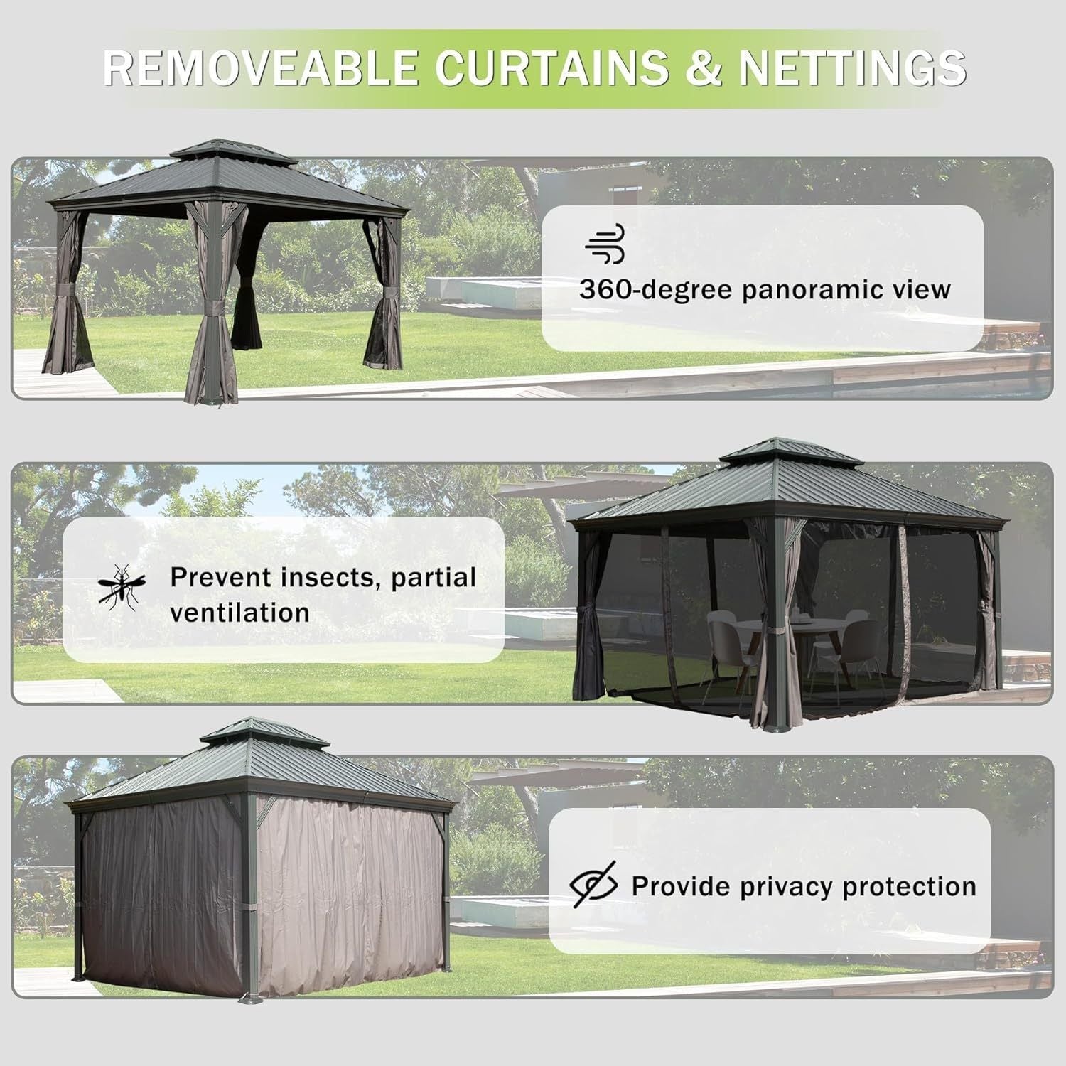 10x13FT Outdoor Gazebo, Hardtop Gazebo with Galvanized Steel Double Roof, Metal Gazebos with Drainage System Patio Pergola for Patio Deck Backyard,Curtain and Netting,Gray - Cool Brand Designs