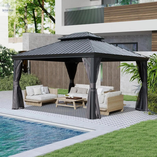 10x13FT Outdoor Gazebo, Hardtop Gazebo with Galvanized Steel Double Roof, Metal Gazebos with Drainage System Patio Pergola for Patio Deck Backyard,Curtain and Netting,Gray - Cool Brand Designs