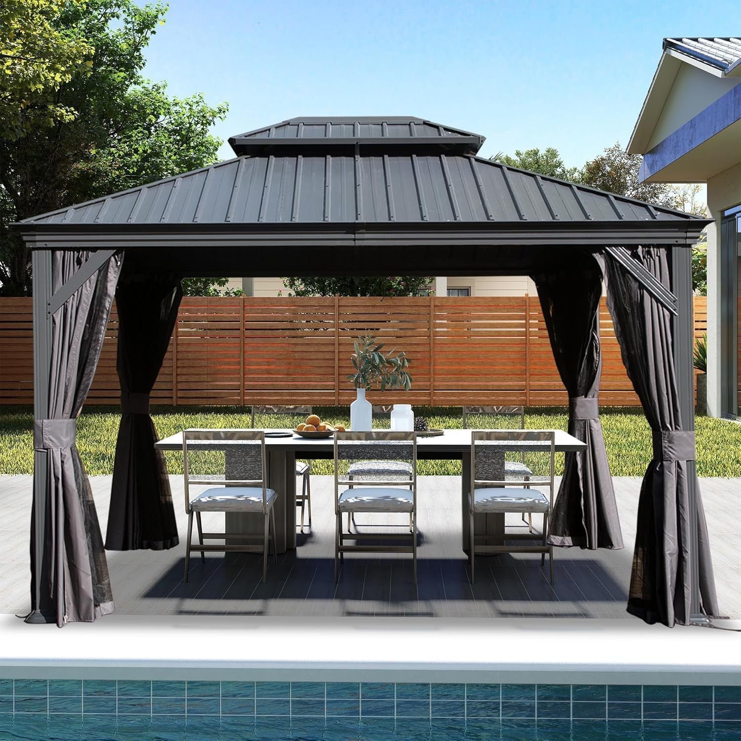 10x13FT Outdoor Gazebo, Hardtop Gazebo with Galvanized Steel Double Roof, Metal Gazebos with Drainage System Patio Pergola for Patio Deck Backyard,Curtain and Netting,Gray - Cool Brand Designs