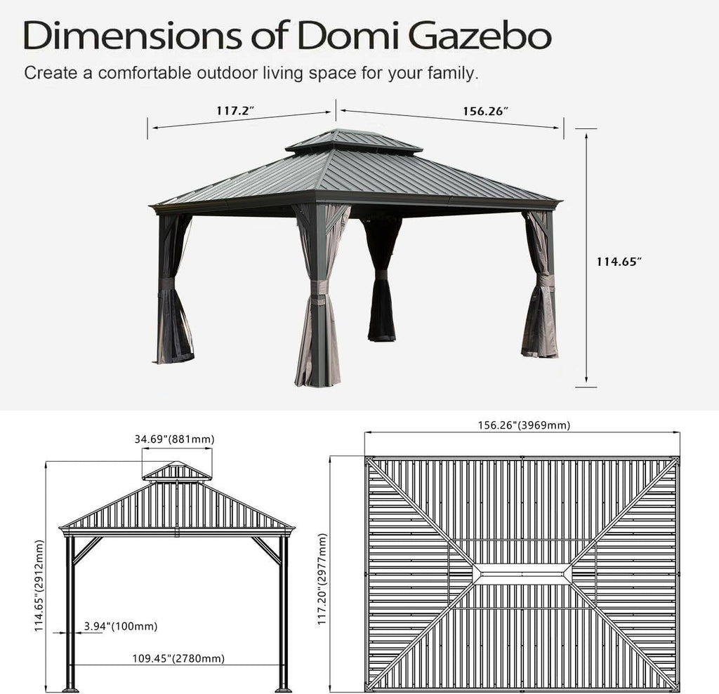 10x13FT Outdoor Gazebo, Hardtop Gazebo with Galvanized Steel Double Roof, Metal Gazebos with Drainage System Patio Pergola for Patio Deck Backyard,Curtain and Netting,Gray - Cool Brand Designs