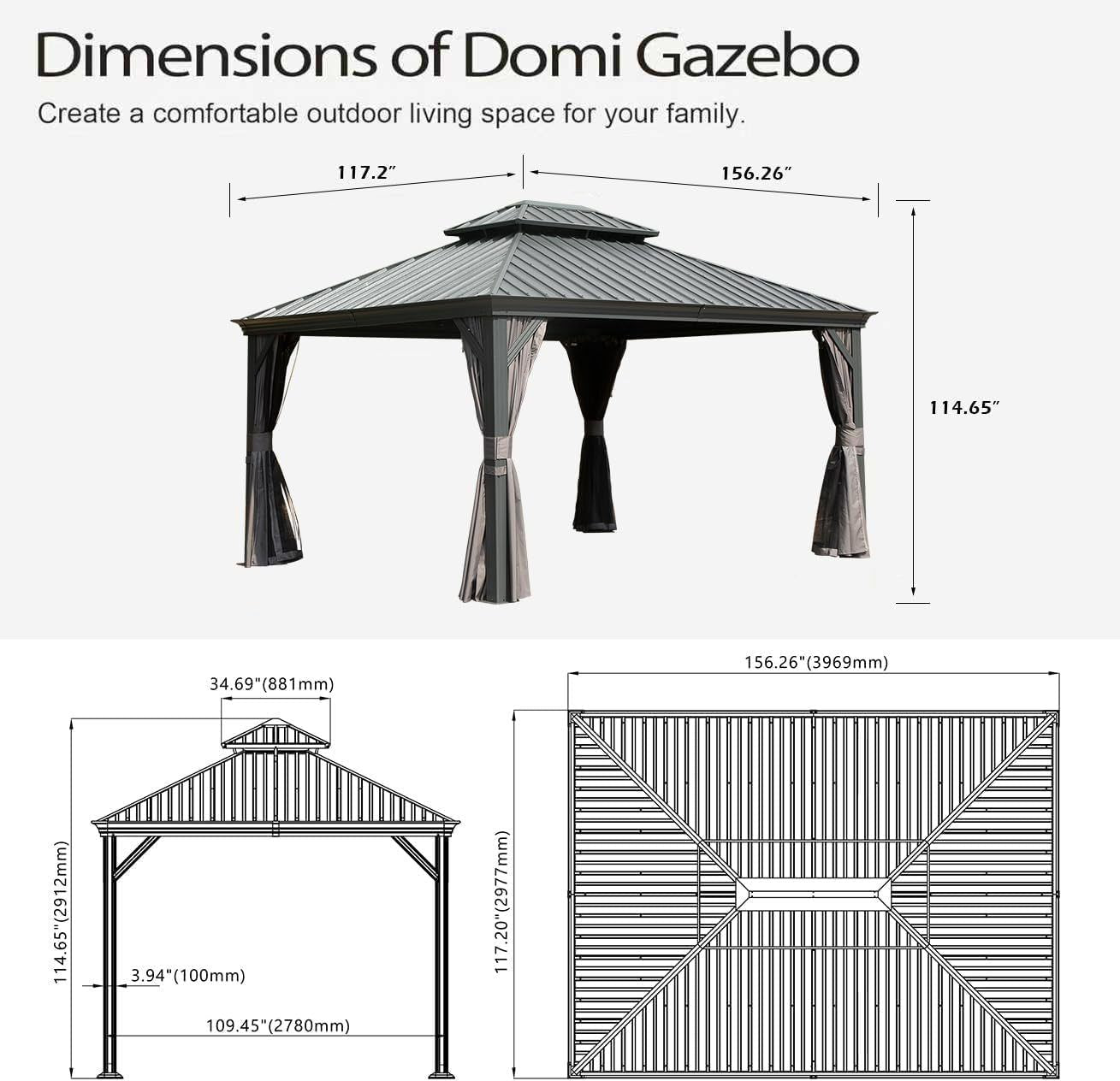 10x13FT Outdoor Gazebo, Hardtop Gazebo with Galvanized Steel Double Roof, Metal Gazebos with Drainage System Patio Pergola for Patio Deck Backyard,Curtain and Netting,Gray - Cool Brand Designs