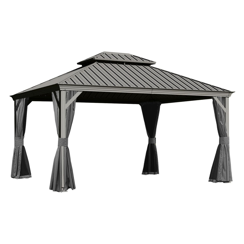 10x13FT Outdoor Gazebo, Hardtop Gazebo with Galvanized Steel Double Roof, Metal Gazebos with Drainage System Patio Pergola for Patio Deck Backyard,Curtain and Netting,Gray - Cool Brand Designs