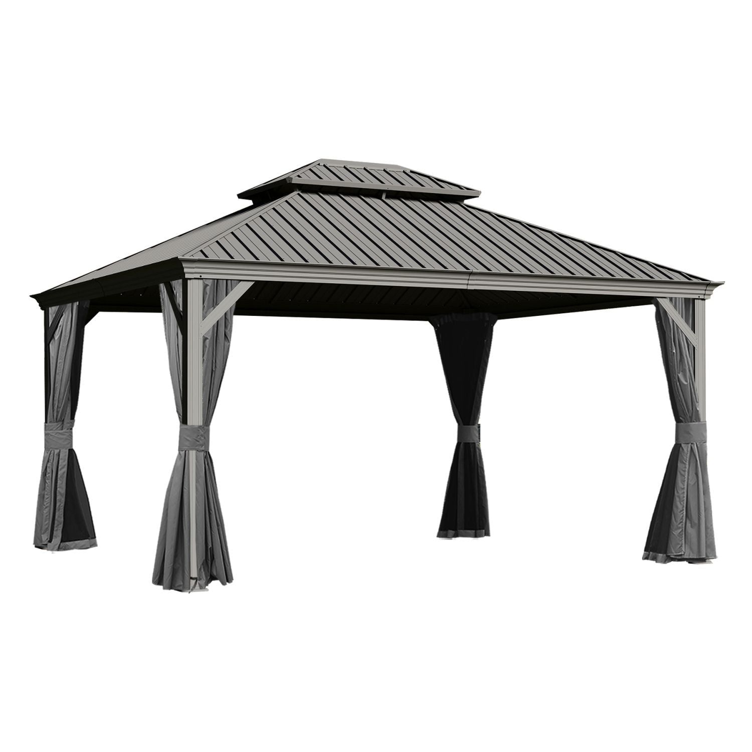 10x13FT Outdoor Gazebo, Hardtop Gazebo with Galvanized Steel Double Roof, Metal Gazebos with Drainage System Patio Pergola for Patio Deck Backyard,Curtain and Netting,Gray - Cool Brand Designs