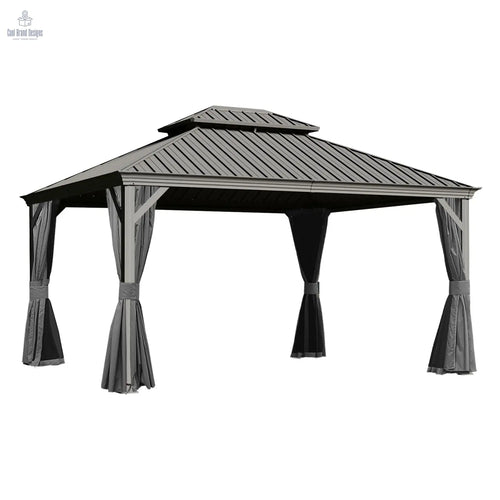 10x13FT Outdoor Gazebo, Hardtop Gazebo with Galvanized Steel Double Roof, Metal Gazebos with Drainage System Patio Pergola for Patio Deck Backyard,Curtain and Netting,Gray - Cool Brand Designs
