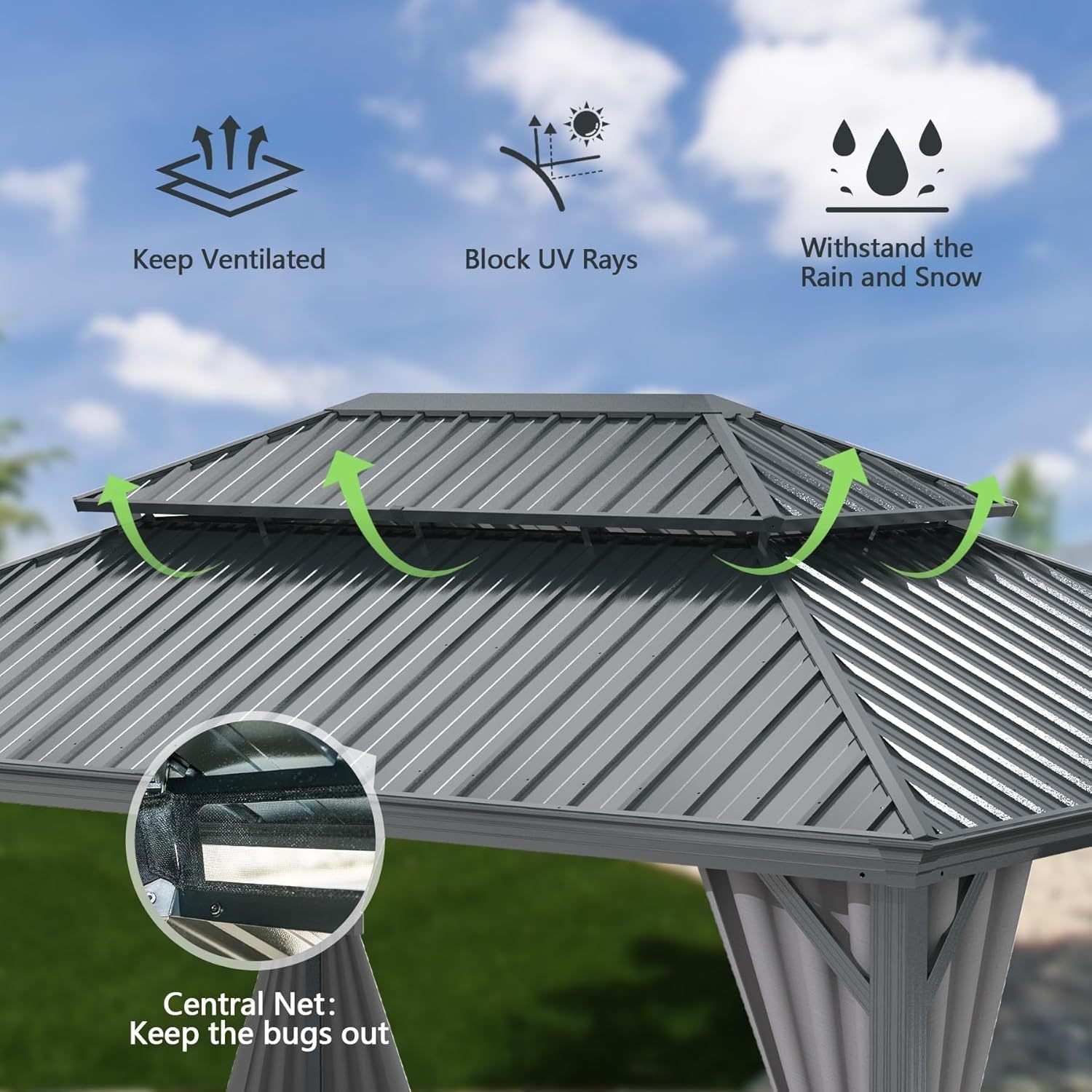 10x13FT Outdoor Gazebo, Hardtop Gazebo with Galvanized Steel Double Roof, Metal Gazebos with Drainage System Patio Pergola for Patio Deck Backyard,Curtain and Netting,Gray - Cool Brand Designs