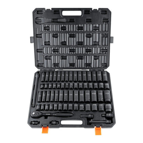1/2" Drive Impact Socket Set, 65 Piece Socket Set SAE 3/8" to 1-1/4" and Metric 10-24mm, 6 Point Cr-V Alloy Steel for Auto Repair, Rugged Construction, Easy-to-Read Size Markings, Storage Case VEVOR