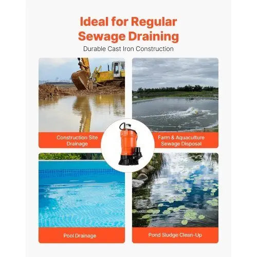 1/2 HP Submersible Trash Pump, 2000 GPH, 120V Cast Iron Submersible Sump Sewage Pump with 2 in Discharge, 39 ft Max Lift, Drain Dirty Clean Water, for Pools, Garden, Pond, Basement, Flooded Area - Cool Brand Designs