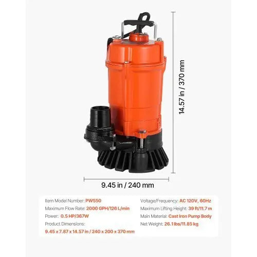 1/2 HP Submersible Trash Pump, 2000 GPH, 120V Cast Iron Submersible Sump Sewage Pump with 2 in Discharge, 39 ft Max Lift, Drain Dirty Clean Water, for Pools, Garden, Pond, Basement, Flooded Area - Cool Brand Designs