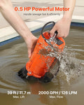 1/2 HP Submersible Trash Pump, 2000 GPH, 120V Cast Iron Submersible Sump Sewage Pump with 2 in Discharge, 39 ft Max Lift, Drain Dirty Clean Water, for Pools, Garden, Pond, Basement, Flooded Area - Cool Brand Designs