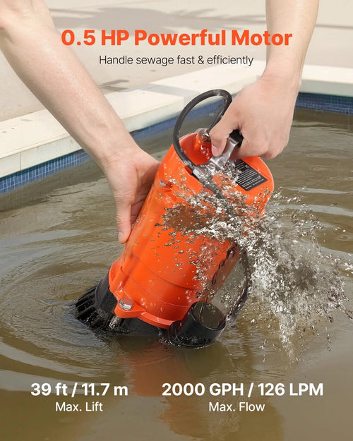 1/2 HP Submersible Trash Pump, 2000 GPH, 120V Cast Iron Submersible Sump Sewage Pump with 2 in Discharge, 39 ft Max Lift, Drain Dirty Clean Water, for Pools, Garden, Pond, Basement, Flooded Area - Cool Brand Designs