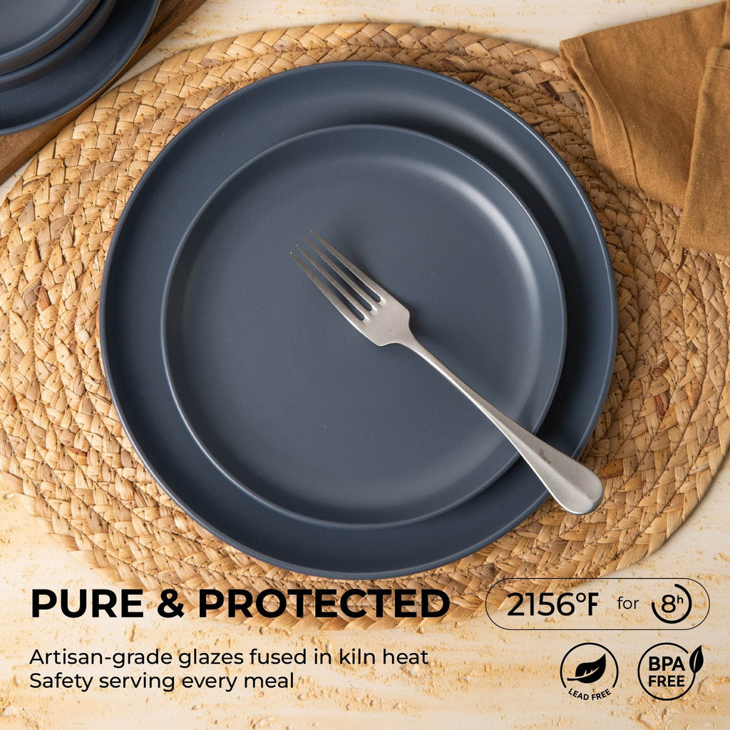 12-Piece Stoneware Dinner Plates Bowls Sets | Microwave & Dishwasher Safe | Non-Toxic Dinner Plates Bowls Set | Stackable Matte Glaze Kitchenware for 4 - Cool Brand Designs