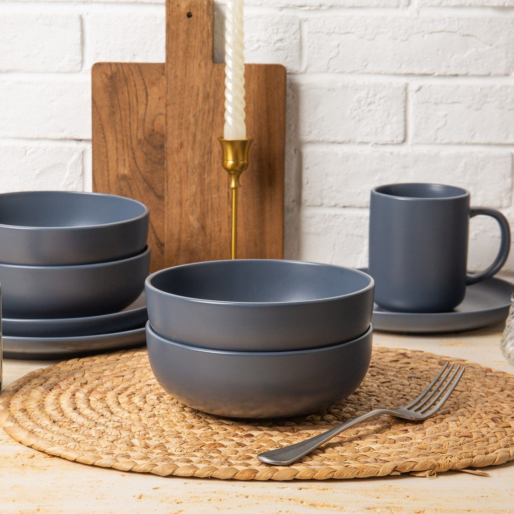 12-Piece Stoneware Dinner Plates Bowls Sets | Microwave & Dishwasher Safe | Non-Toxic Dinner Plates Bowls Set | Stackable Matte Glaze Kitchenware for 4 - Cool Brand Designs
