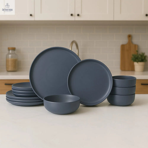 12-Piece Stoneware Dinner Plates Bowls Sets | Microwave & Dishwasher Safe | Non-Toxic Dinner Plates Bowls Set | Stackable Matte Glaze Kitchenware for 4 - Cool Brand Designs