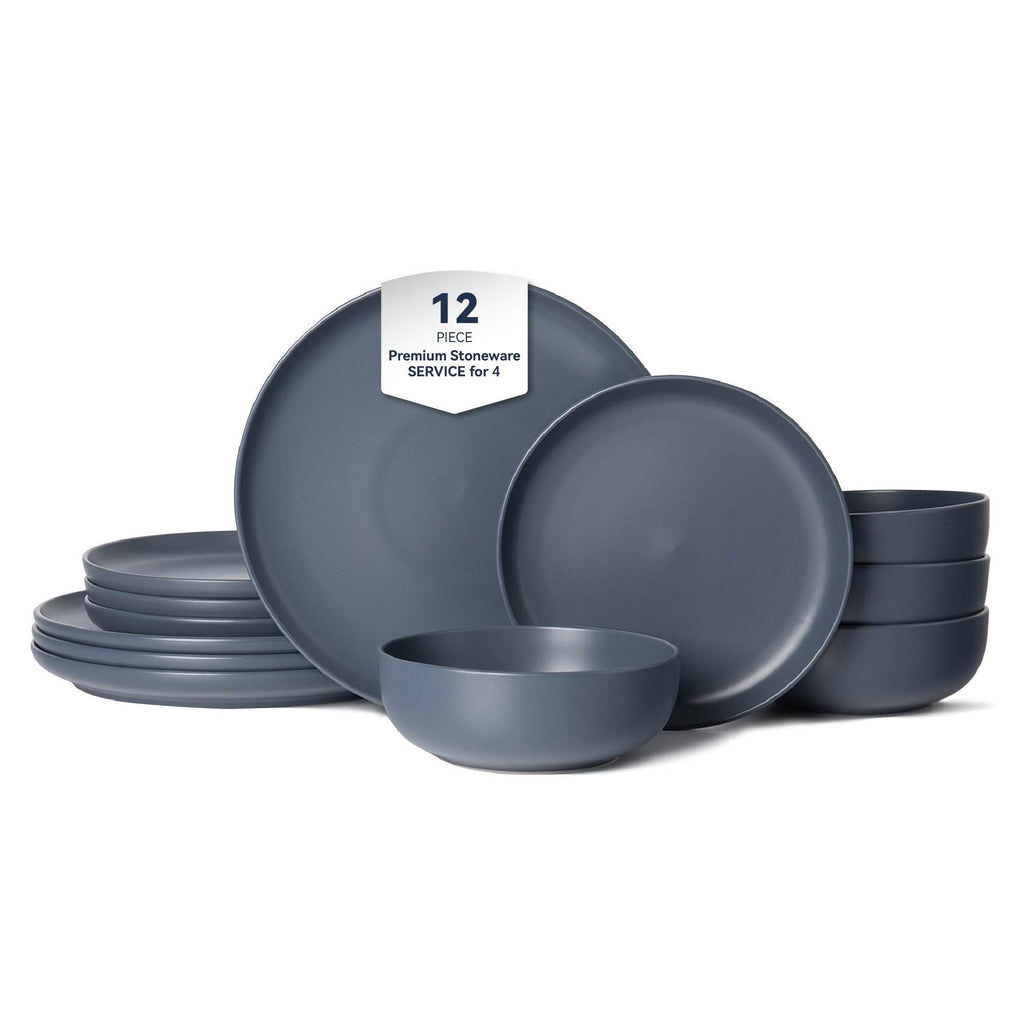 12-Piece Stoneware Dinner Plates Bowls Sets | Microwave & Dishwasher Safe | Non-Toxic Dinner Plates Bowls Set | Stackable Matte Glaze Kitchenware for 4 - Cool Brand Designs