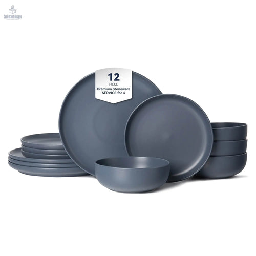 12-Piece Stoneware Dinner Plates Bowls Sets | Microwave & Dishwasher Safe | Non-Toxic Dinner Plates Bowls Set | Stackable Matte Glaze Kitchenware for 4 - Cool Brand Designs