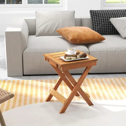 14 Inch Compact Folding Side Table with Slatted Tabletop - Color: Natural Cool Brand Designs
