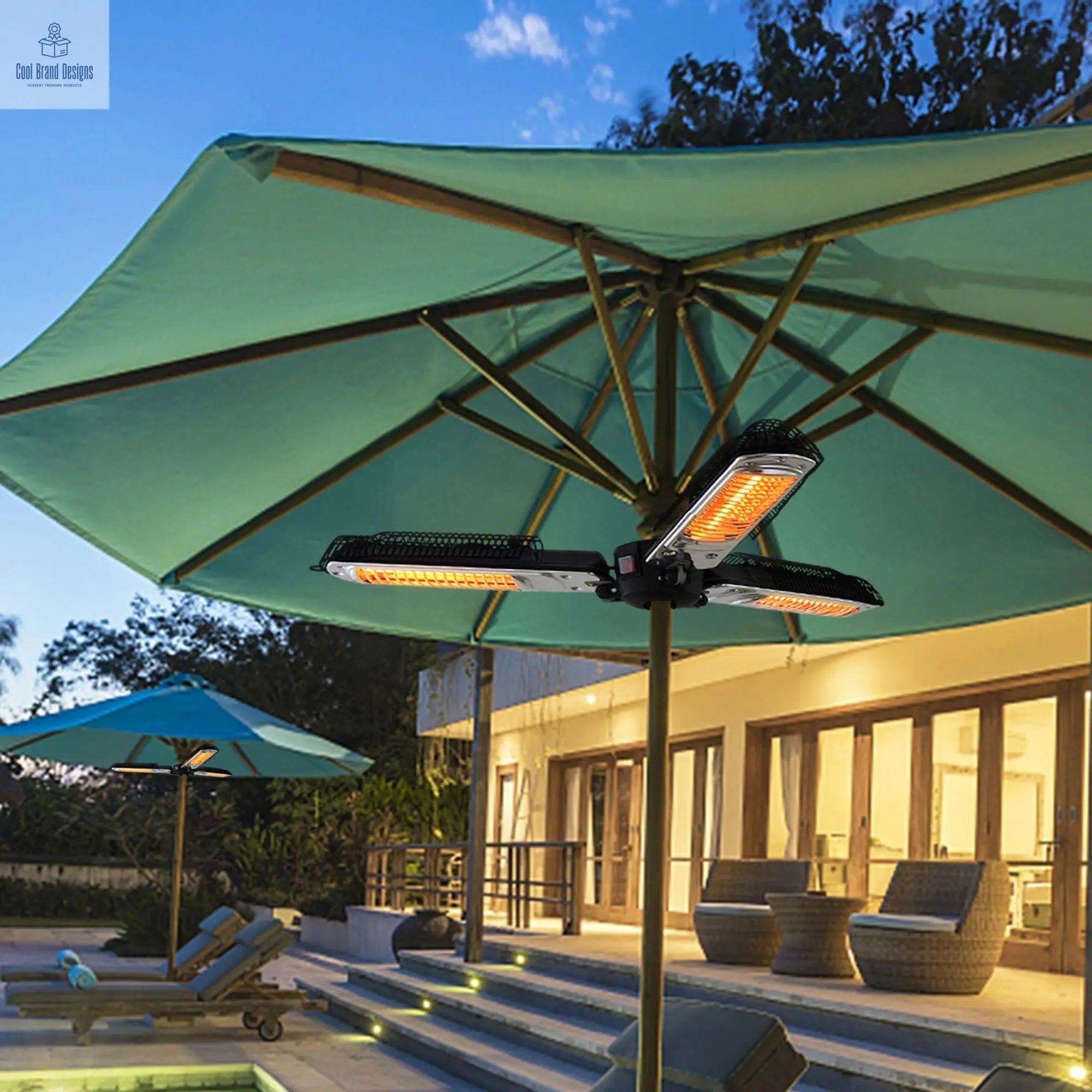 1500W Foldable Electric Patio Heater Umbrella with 3 Heating Panels; for Pergola Outdoor or Gazabo Parasol - Cool Brand Designs