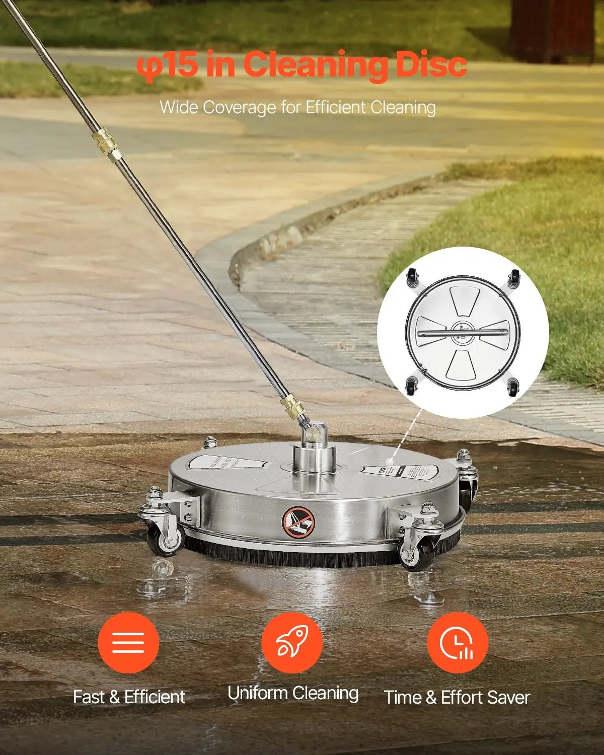 16.5" Pressure Washer Surface Cleaner, Stainless Steel Pressure Washer Attachments with 4 Wheels, 4000 Max PSI, 1/4 Quick Connector, 2 Spray Nozzles, 2 Extended Wands for Concrete, Patio, Deck VEVOR