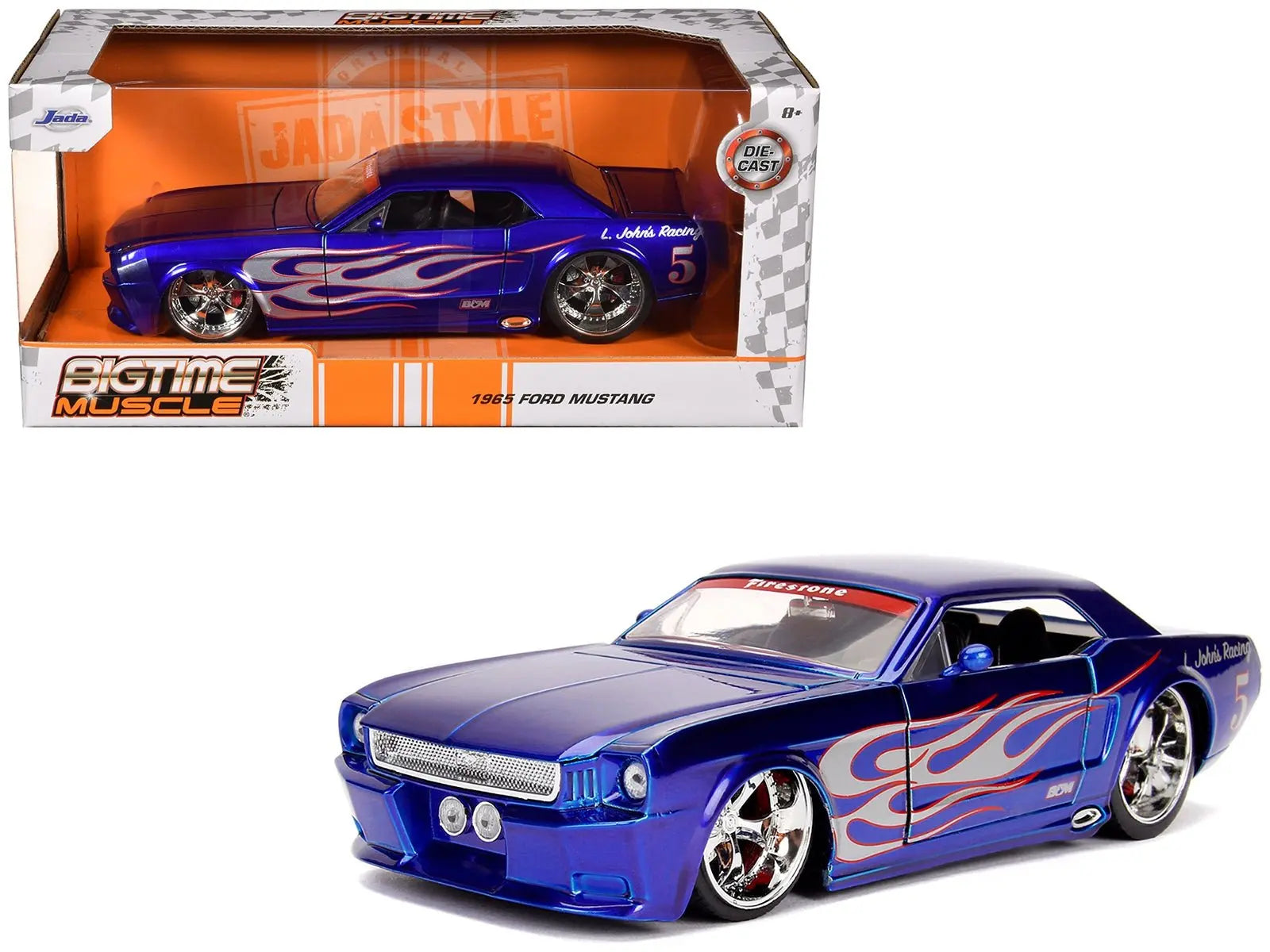 1965 Ford Mustang 5 "L. John's Racing" Candy Blue with Flame Graphics "Bigtime Muscle" Series 1/24 Diecast Model Car by Jada - Cool Brand Designs