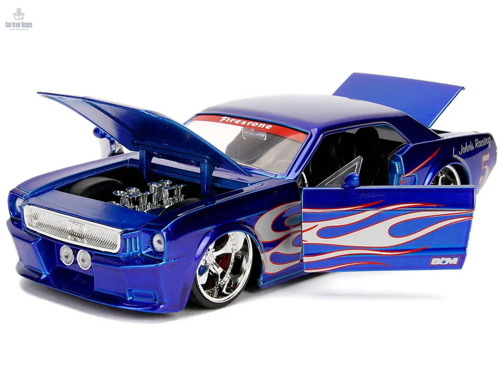 1965 Ford Mustang 5 "L. John's Racing" Candy Blue with Flame Graphics "Bigtime Muscle" Series 1/24 Diecast Model Car by Jada - Cool Brand Designs