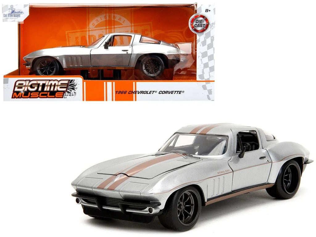 1966 Chevrolet Corvette Silver Metallic with Bronze Stripes "Bigtime Muscle" Series 1/24 Diecast Model Car by Jada - Cool Brand Designs