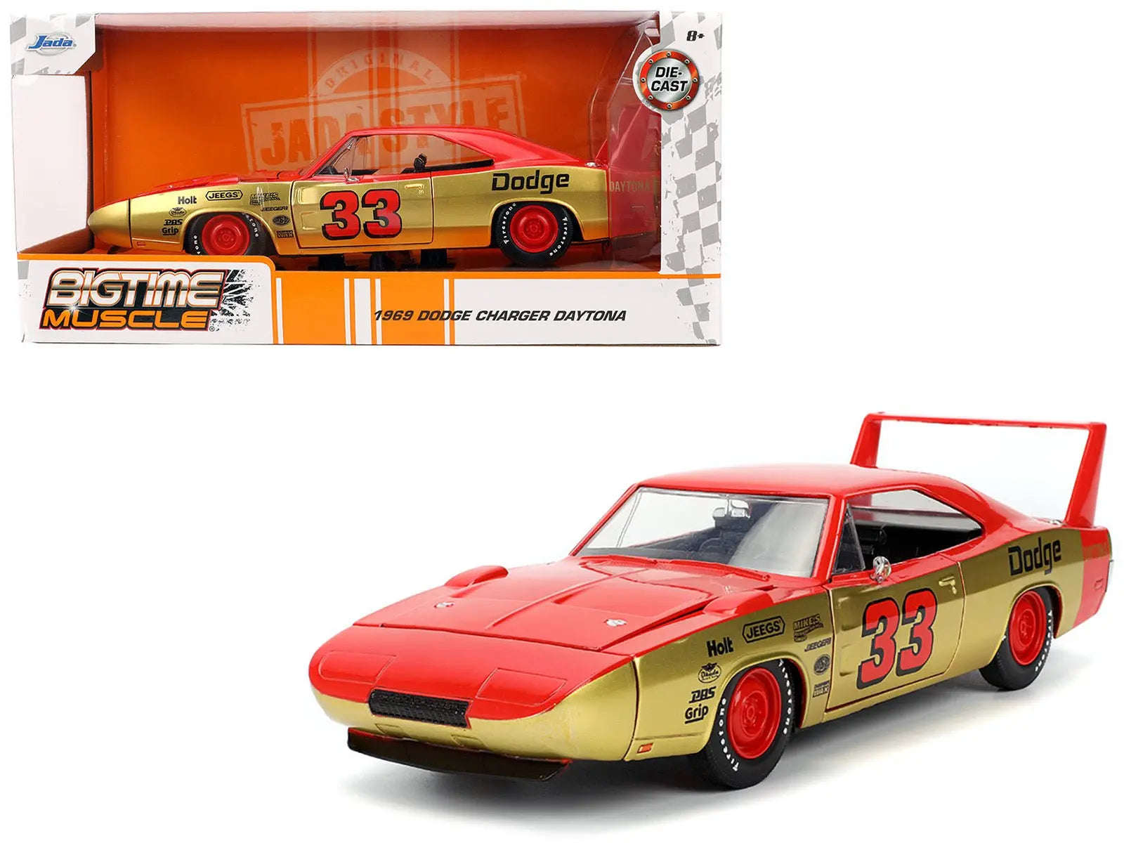 1969 Dodge Charger Daytona 33 Red and Gold Metallic with Graphics "Bigtime Muscle" Series 1/24 Diecast Model Car by Jada - Cool Brand Designs
