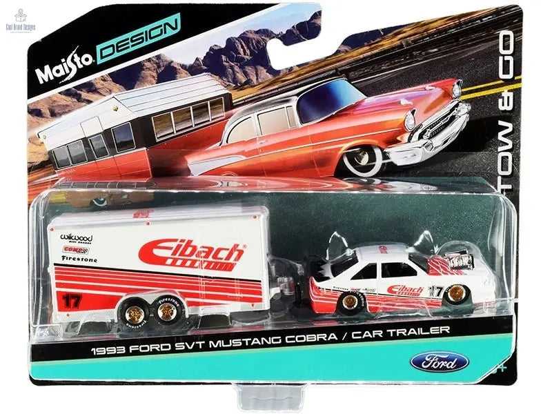 1993 Ford SVT Mustang Cobra 17 with Enclosed Car Trailer "Eibach" White with Red Stripes "Tow & Go" Series 1/64 Diecast Model Cars by Maisto - Cool Brand Designs