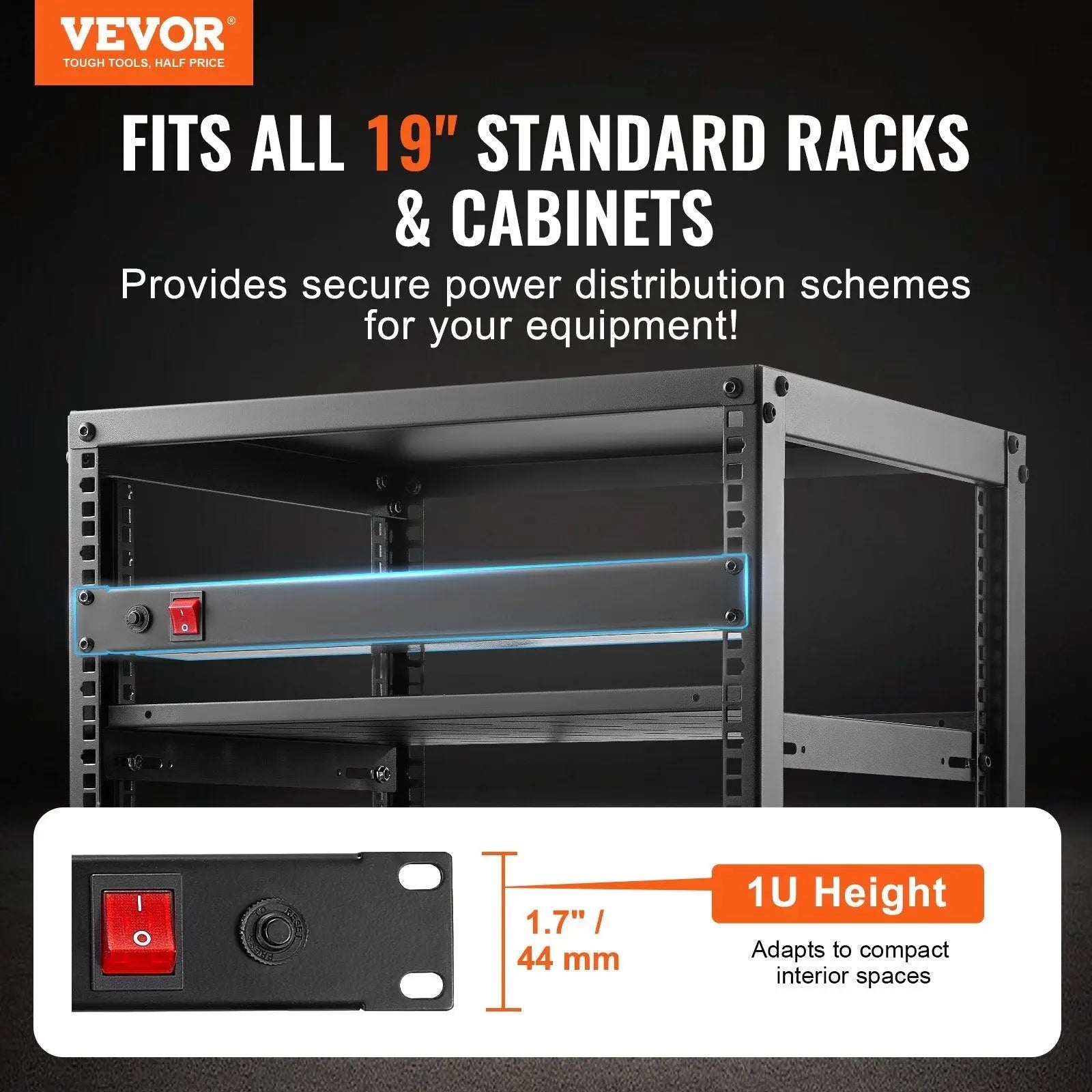 1U PDU, 8 Outlets, Rack Mount Power Strip Fits Standard 19" Server Racks, with Integrated Switch Surge Protection & Overload Protection, 110 - 125V/15A, Ideal for Home and Office - Cool Brand Designs